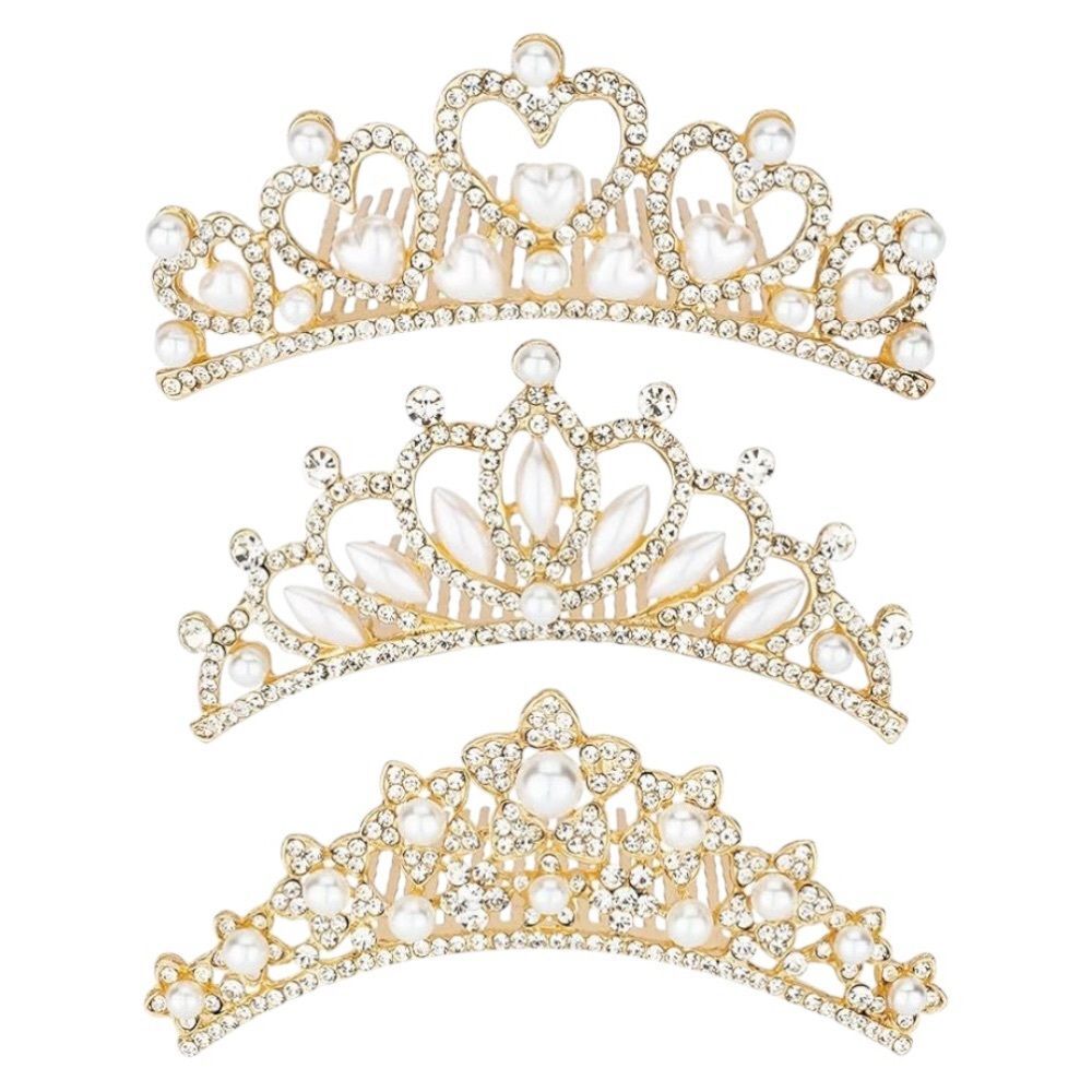 NWT ANBALA Girls 3-Pack Gold Mini Tiara Crowns with Hair Combs